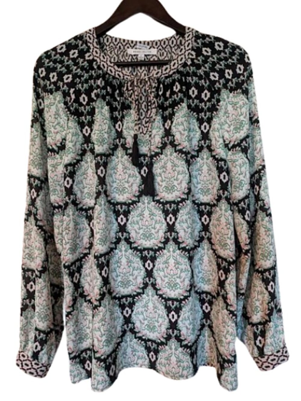 Rose + Olive Boho Tassel Blouse M Black Mint Paisley Peasant Top